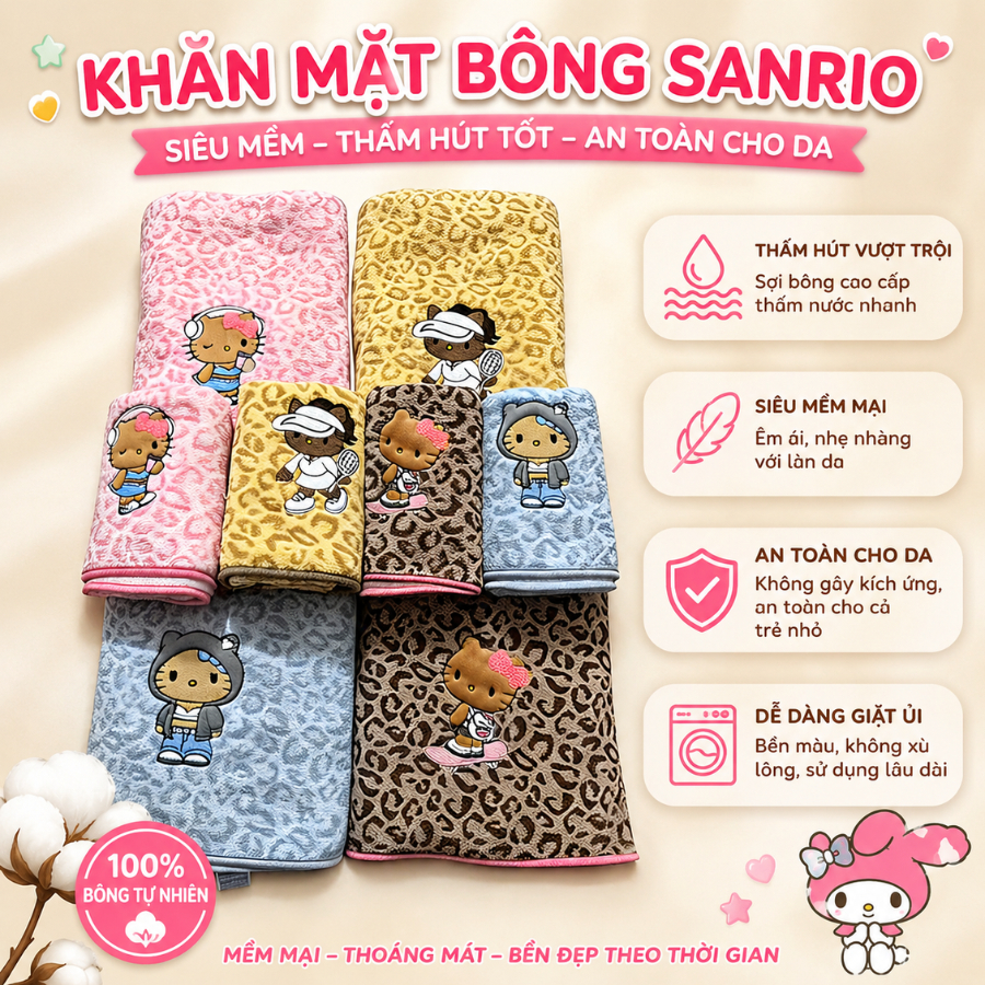 Khăn Tắm Cotton Kháng Khuẩn Cao Cấp Thêu Hello Kitty, Khăn Tắm Siêu Thấm Hút, Mềm Mịn