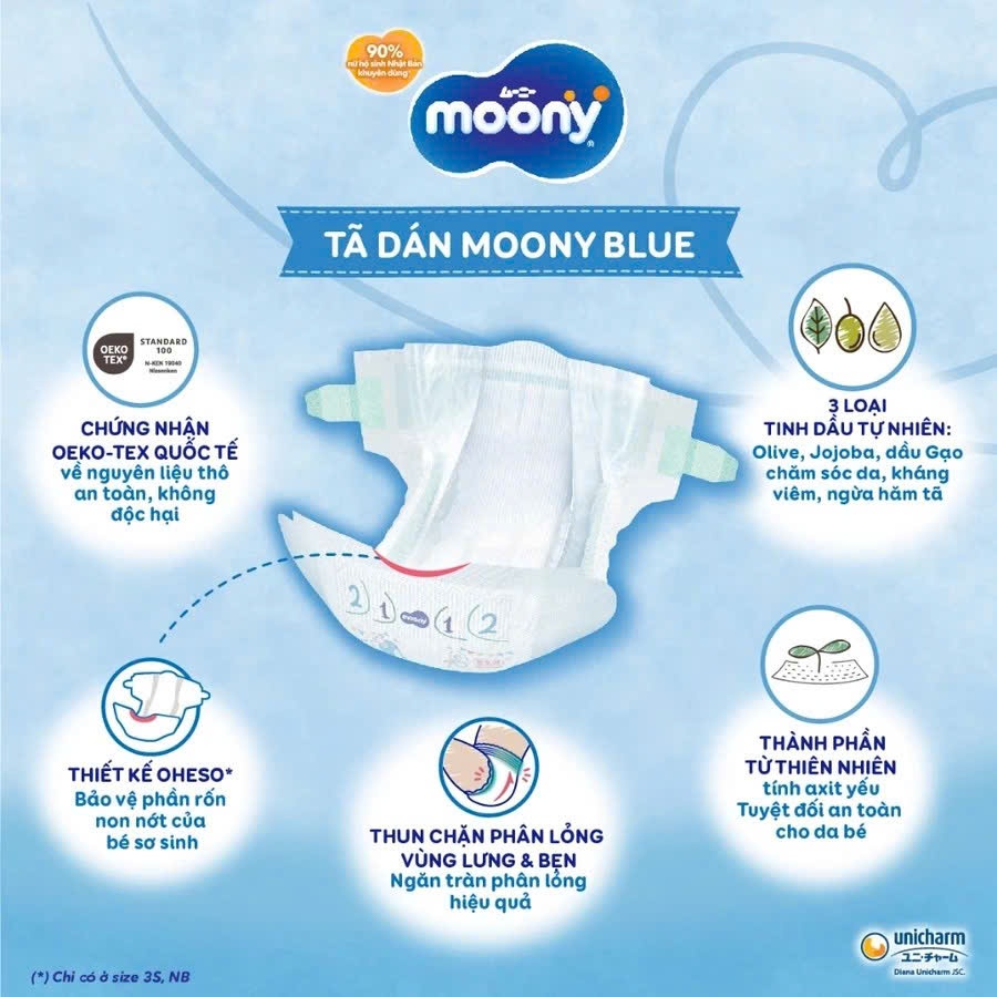 [MUA 2 TẶNG 1] Bỉm- Tã dán Moony blue tiêu chuẩn hàng Nhật đủ size cho bé trai và bé gái
