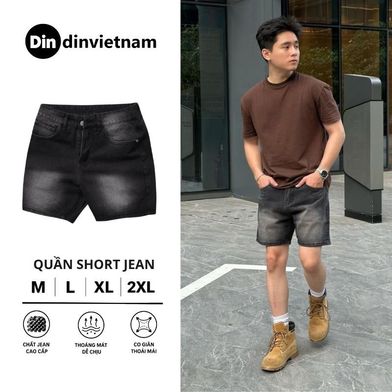 Quần Short Jean Nam DIN, Quần Bò Đen Bạc Form Trên Gối, Chất Denim Mềm Phối Đồ Dễ, Phong Cách Street Wall JD818