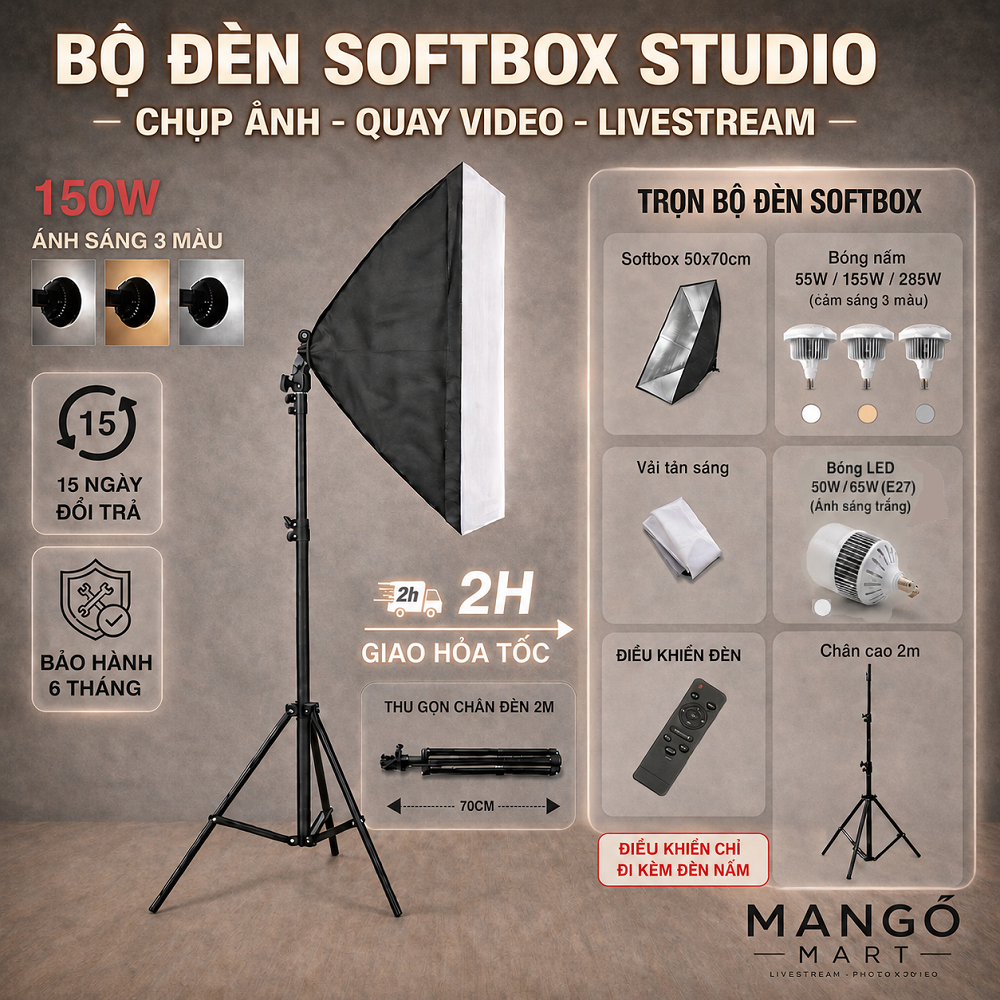 Bộ KIT Studio Chụp Ảnh Sản Phẩm Chân Đèn 2m Kèm Softbox 50x70 cm Hỗ Trợ Sáng, Quay Phim , Livestream