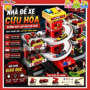 Bãi đỗ xe nhiều tầng có đường ray – Xe cứu hỏa, xe hơi đồ chơi giáo dục cho bé trai quà tặng xe công trình