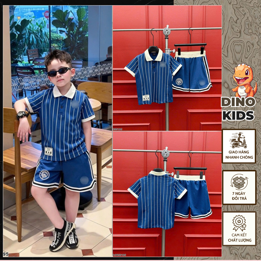 Bộ quần áo ngắn tay cho bé trai kẻ sọc phối logo hàng siêu đẹp-Bộ quần áo ngắn tay có cổ cho bé trai hàng mới cao cấp