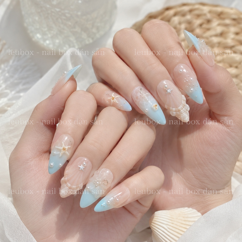 [B02] Nailbox thiết kế mẫu biển mùa hè, móng giả dán sẵn đắp gel nổi hoa vỏ sò form tròn nhọn LEUBOX