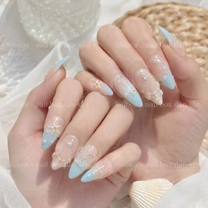Nailbox thiết kế mẫu biển mùa hè, móng giả dán sẵn đắp gel nổi hoa vỏ sò form tròn nhọn LEUBOX