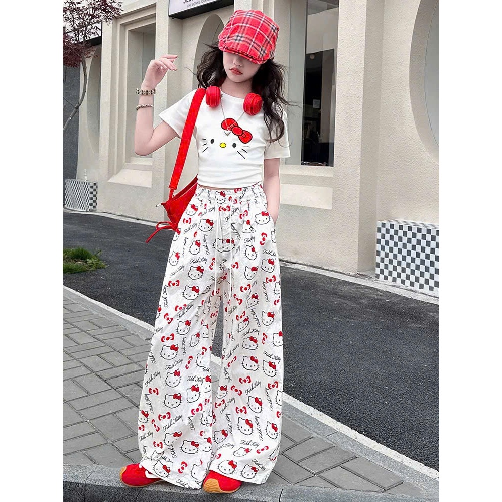 Set Đồ Hello Kitty Bé Gái Cao Cấp,  Áo Thun Tay Ngắn Phối Quần Suông Dài Cho Mẹ và Bé Gái Năng Động Cá Tính