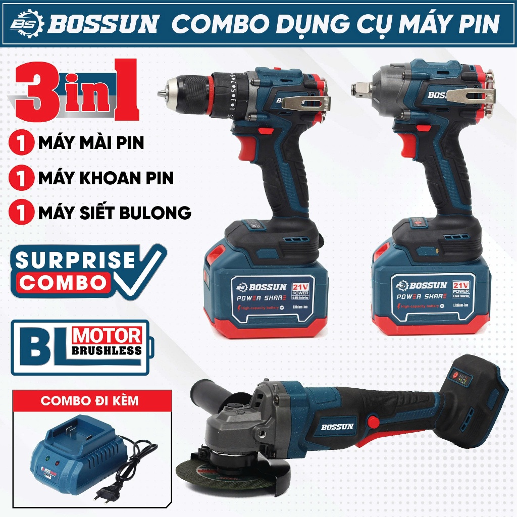 Bộ combo 3 máy Khoan, Siết bulong, Mài BS BOSSUN BS-CB03PCS - Kèm 2pin 15cell - Không chổi than
