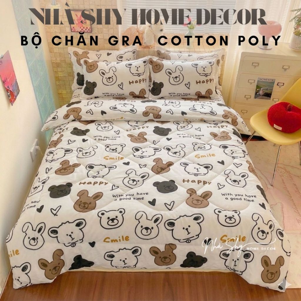 Trọn Bộ Chăn Phao Ga Gối Cotton Poly Mẫu Con Mắt - Hàng Nhập [Loại Bông Dày] - Nhà Shy Home Decor