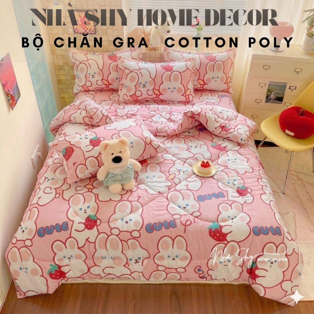 Trọn Bộ Chăn Phao Ga Gối Cotton Poly Mẫu Con Mắt - Hàng Nhập [Loại Bông Dày] - Nhà Shy Home Decor