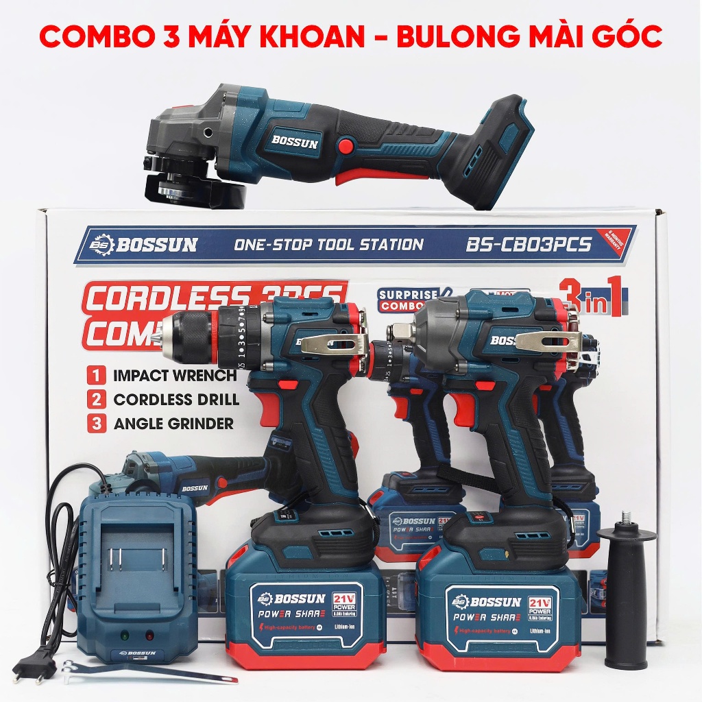Bộ combo 3 máy Khoan, Siết bulong, Mài BS BOSSUN BS-CB03PCS - Kèm 2pin 15cell - Không chổi than