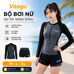 Set Đồ Bơi Nữ 2 Mảnh Bikini Tay Dài Khóa Kéo Quần Đùi 2 Lớp Kín Đáo Chống Nắng Phong Cách Thể Thao