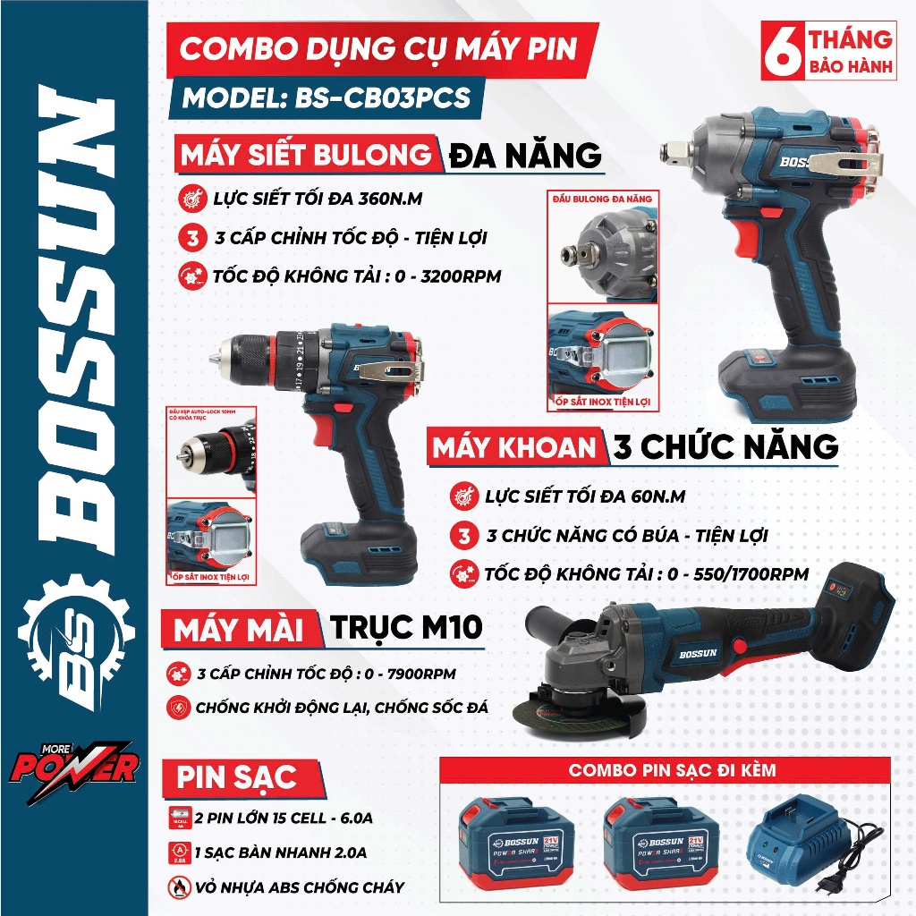 Bộ combo 3 máy Khoan, Siết bulong, Mài BS BOSSUN BS-CB03PCS - Kèm 2pin 15cell - Không chổi than