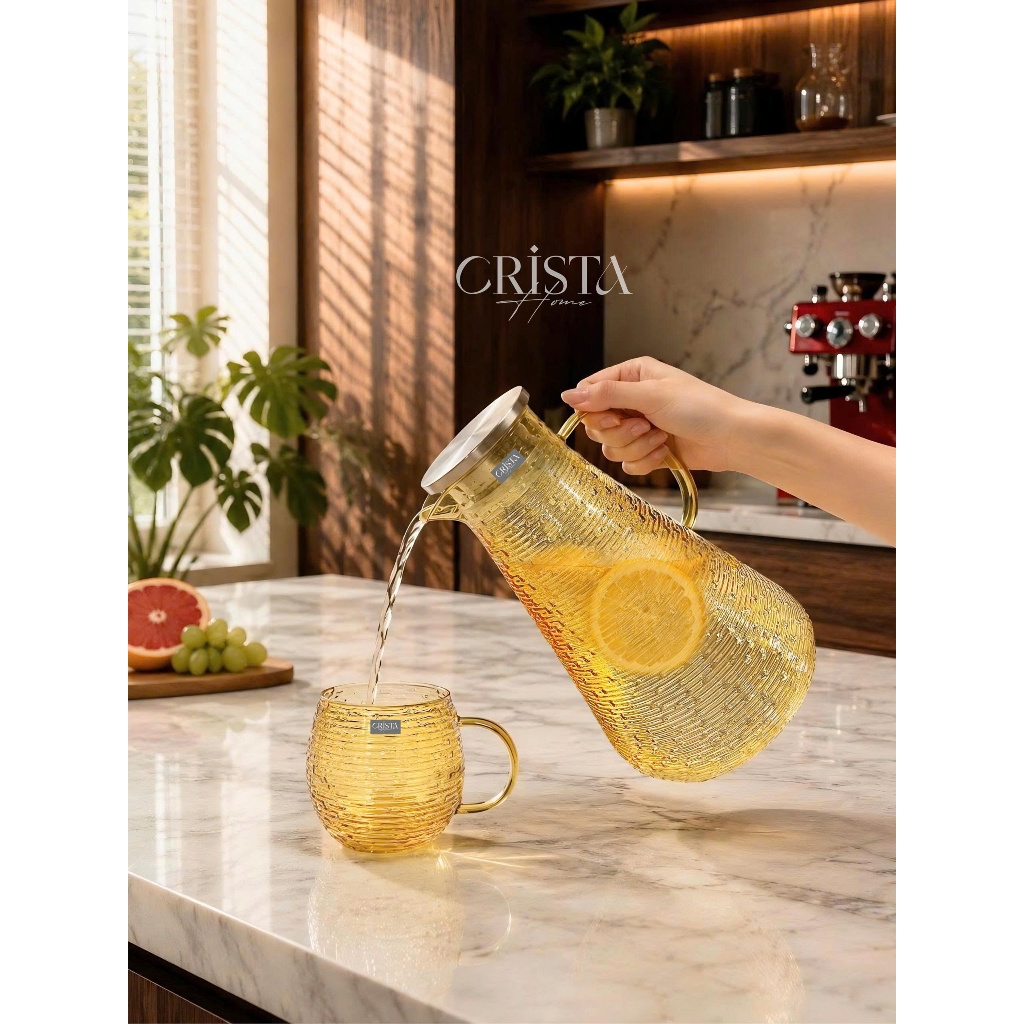 Bình Thủy Tinh Chịu Nhiệt 2L Crista Home Vân Ngang Có Nắp Inox 304 | Bình Pha Trà Detox Nóng Lạnh 60279