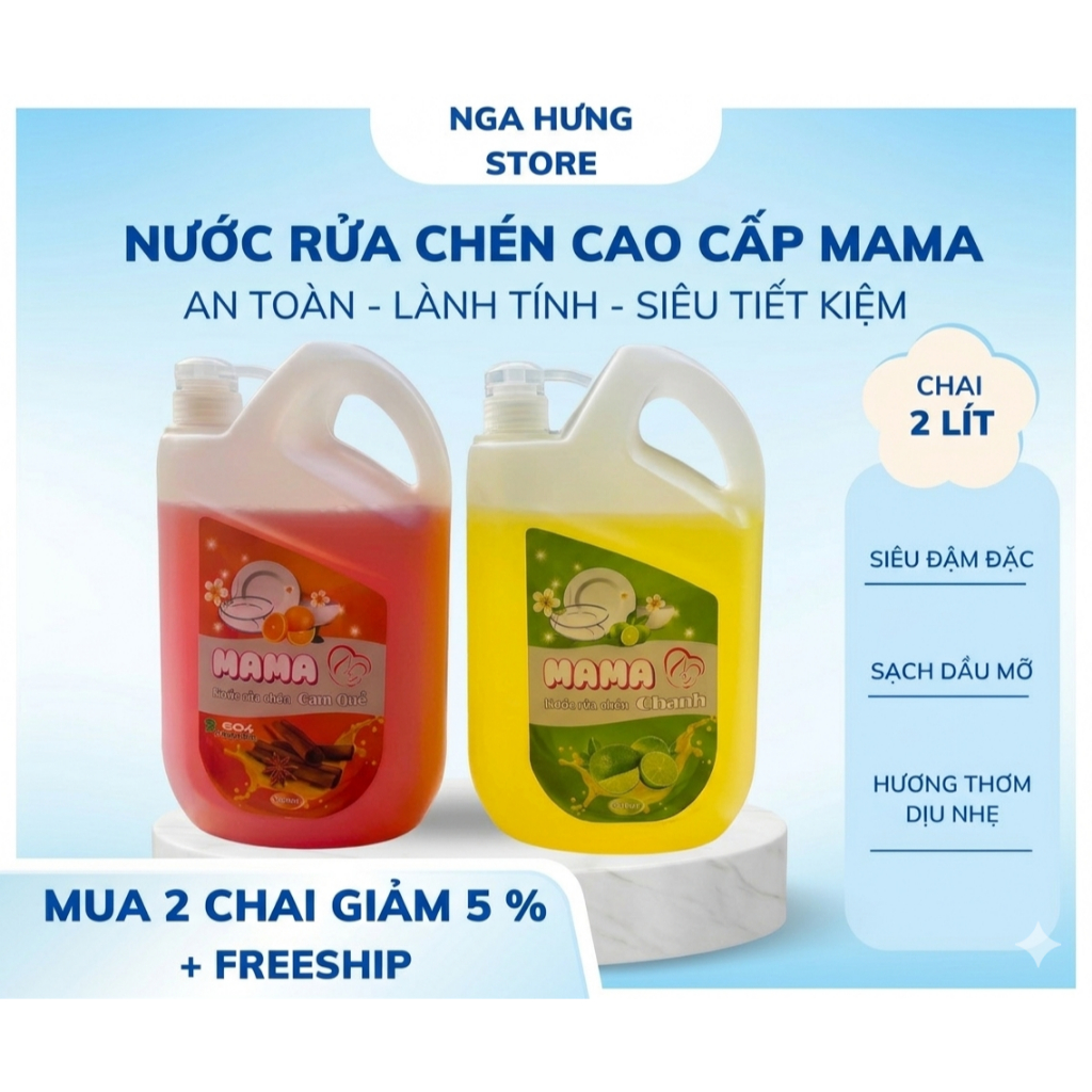 Nước Rửa Chén Bát Cao Cấp MAMA CHANH, Quế- Can 2 Lít , Sạch Bóng Dầu Mỡ , An Toàn Với Da Tay