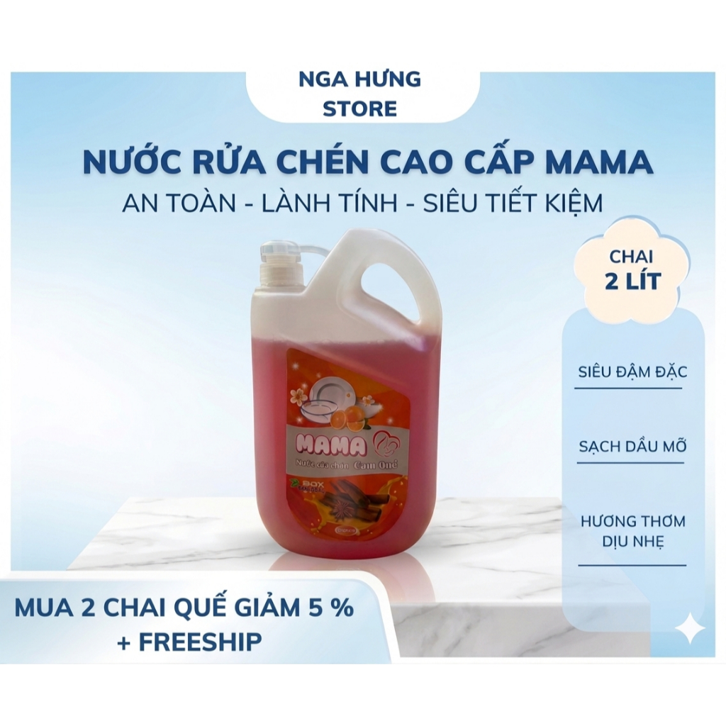 Nước Rửa Chén Bát Cao Cấp MAMA CHANH, Quế- Can 2 Lít , Sạch Bóng Dầu Mỡ , An Toàn Với Da Tay
