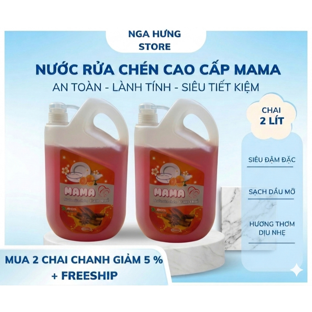 Nước Rửa Chén Bát Cao Cấp MAMA CHANH, Quế- Can 2 Lít , Sạch Bóng Dầu Mỡ , An Toàn Với Da Tay
