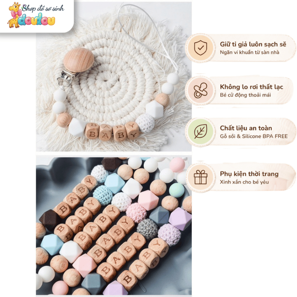 Dây Đeo Kẹp Ti Giả Gỗ Tự Nhiên DouDou Chống Rơi Mất Cho Bé A27