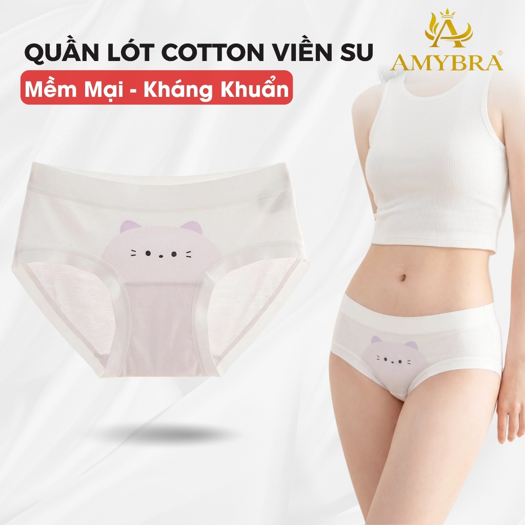 Quần Lót Nữ Cotton Viền Su Lụa Co Giãn Mềm Mại, Quần Chip Nữ Đáy May Kháng Khuẩn AMYBRA L1164