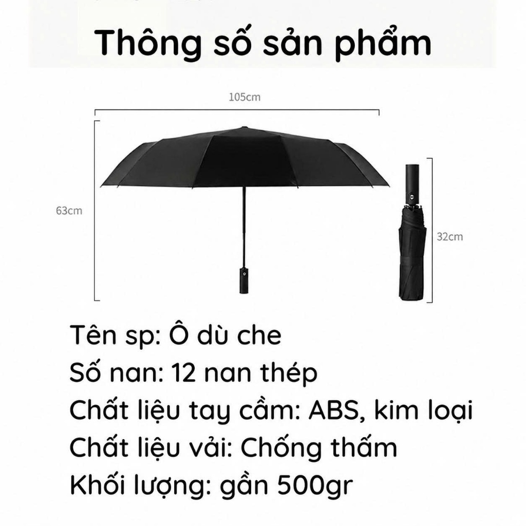 Ô Che Mưa 12 Nan Kép Tự Động, Khung Hợp Kim Siêu Bền, Chất Liệu Polyester Chống Tia UV