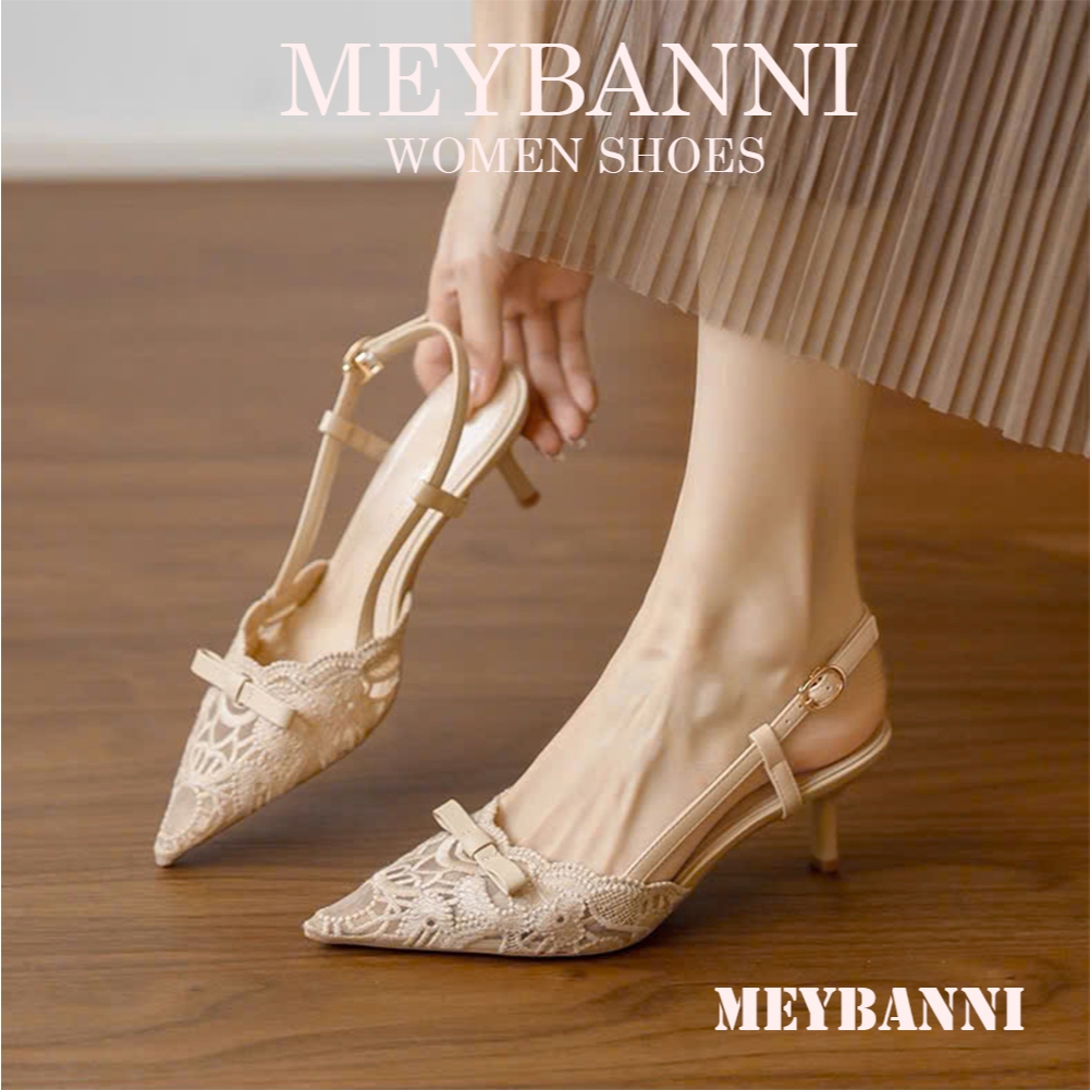 Giày Cao Gót Mũi Nhọn MEYBANNI Phối Ren Nơ Họa Tiết Thêu Sang Trọng - D288