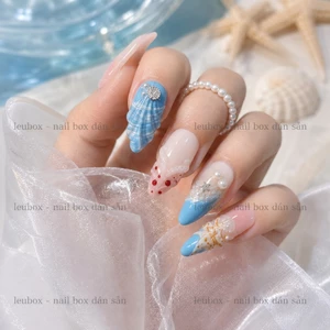 Móng giả thiết kế đắp nổi vỏ sò style biển mùa hè xanh dương tặng dụng cụ 5 món nailbox LEUBOX