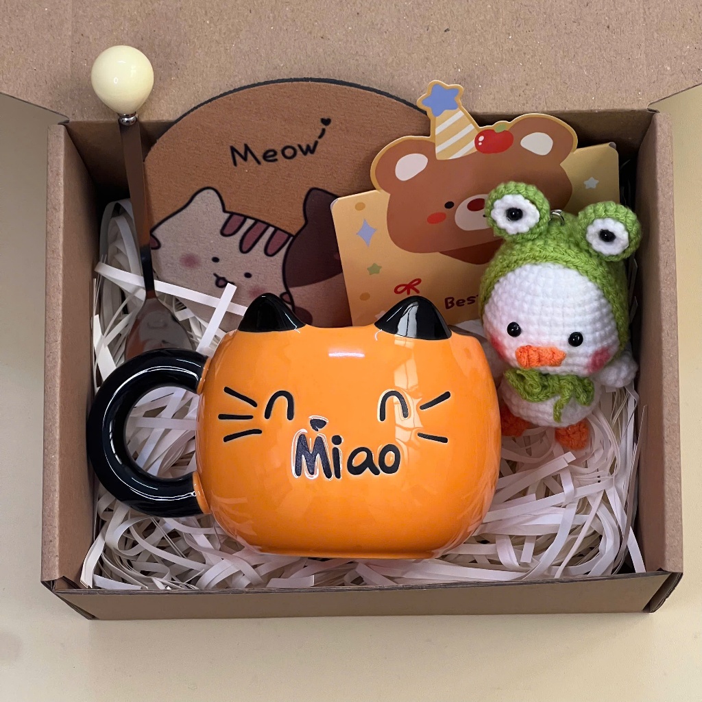 [Mới/Hỏa Tốc] Set quà tặng Cốc Sứ Bé Mắt Lồi 320ml Siêu cute kèm móc khóa, lót ly  tặng bạn bè, người thân