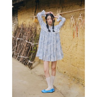 Đầm OLV babydoll hoa xanh cổ bèo Blue Fleur Cotton Collared Ruffled Dress