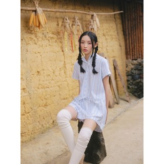 Jumpsuit OLV sọc xanh rút dây Light Blue Linen Striped Drawstring phù hợp đi chơi đi biển