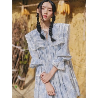 Đầm OLV babydoll hoa xanh cổ bèo Blue Fleur Cotton Collared Ruffled Dress