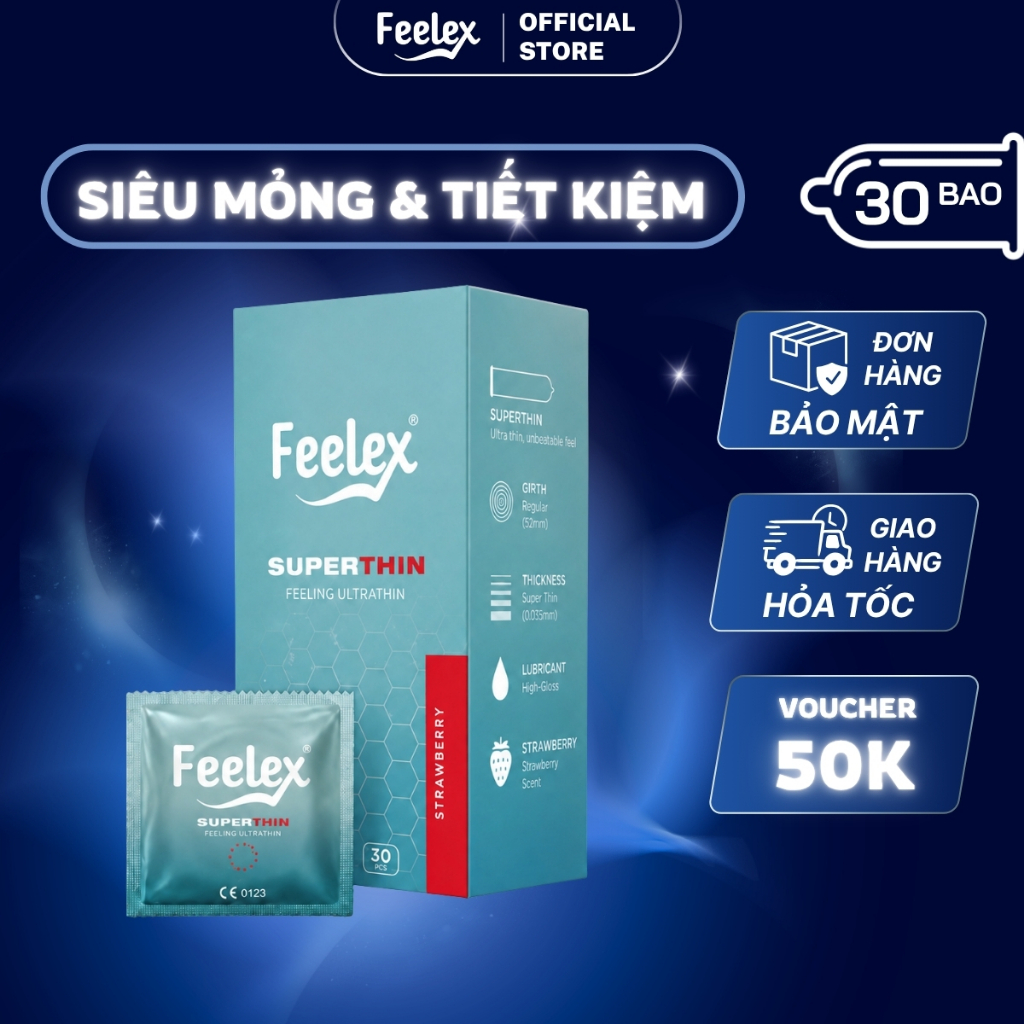 Bao cao su siêu mỏng Hộp 30 chiếc Feelex Superthin ôm sát nhiều gel tăng khoái cảm đa dạng mùi hương