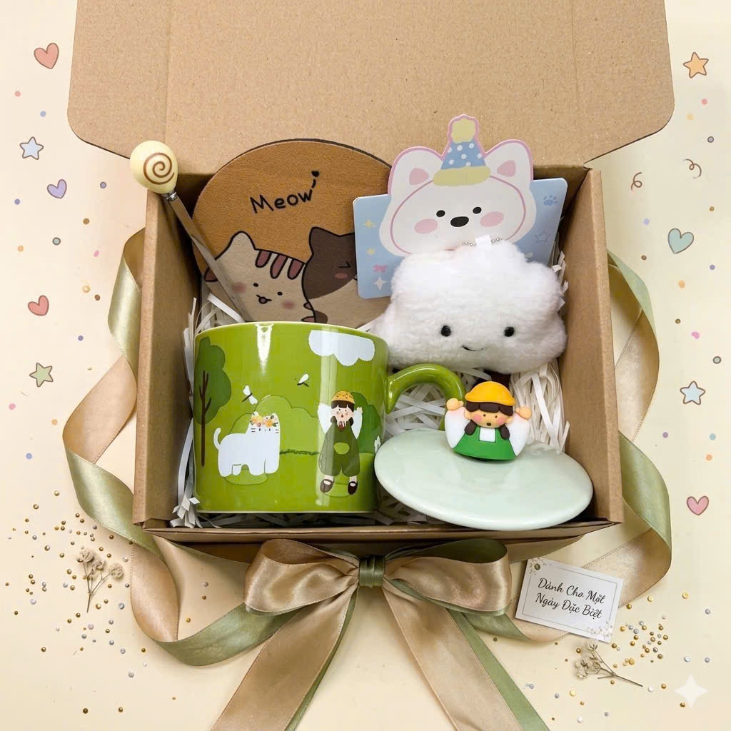 [Mới/Sẵn] Set Quà Cốc Sứ Cô Gái Mộng Mơ Xanh Lá Kèm Phụ Kiện Xinh, Đầy Đủ Làm Quà Tặng