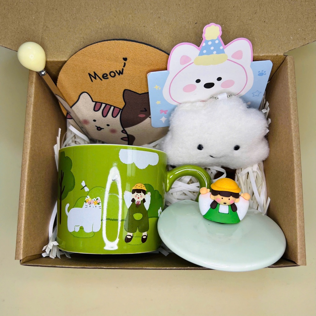 [Mới/Sẵn] Set Quà Cốc Sứ Cô Gái Mộng Mơ Xanh Lá Kèm Phụ Kiện Xinh, Đầy Đủ Làm Quà Tặng