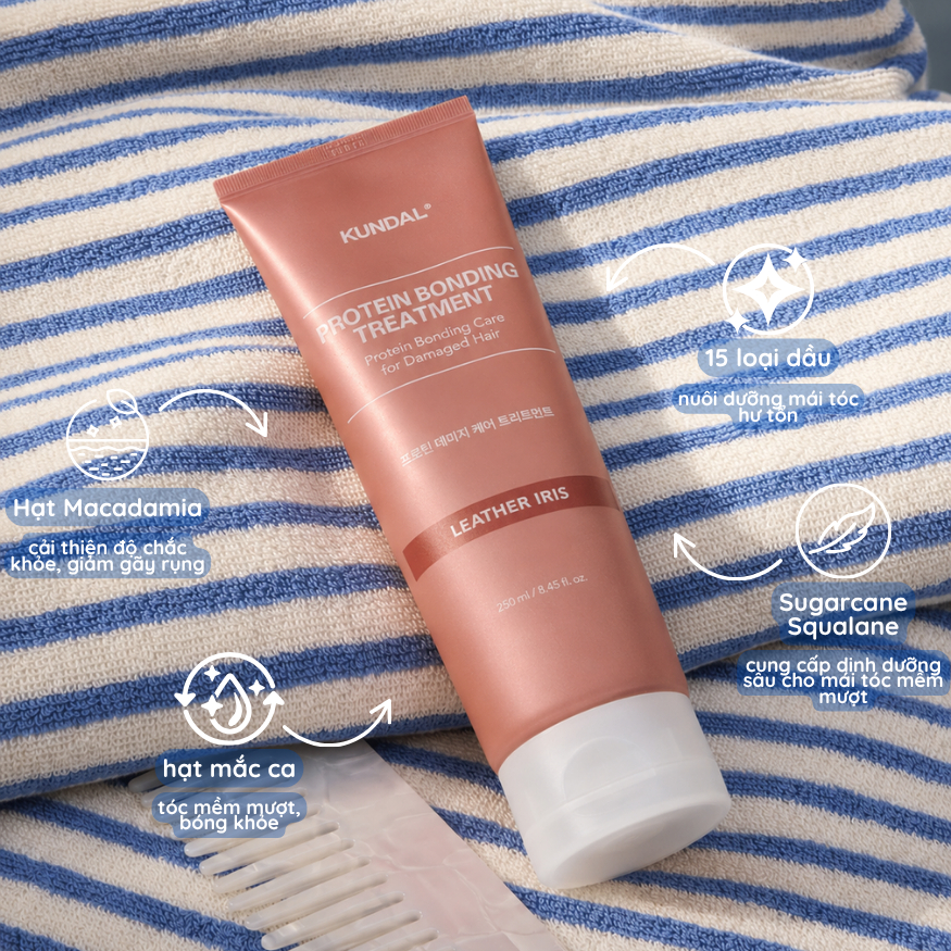 Dầu xả liên kết Protein giúp tóc bóng mượt KUNDAL PROTEIN BONDING TREATMENT LEATHER IRIS 250ml | DAMDAVN