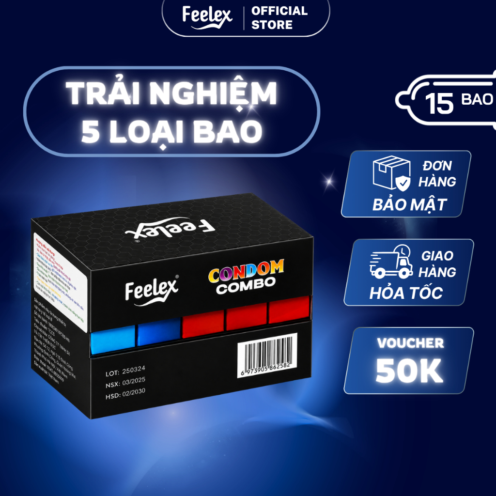 Combo Bao cao su 5 in 1 Feelex siêu mỏng, nhiều gel, gân gai đem lại nhiều cung bậc cảm xúc cùng một hộp 15 chiếc