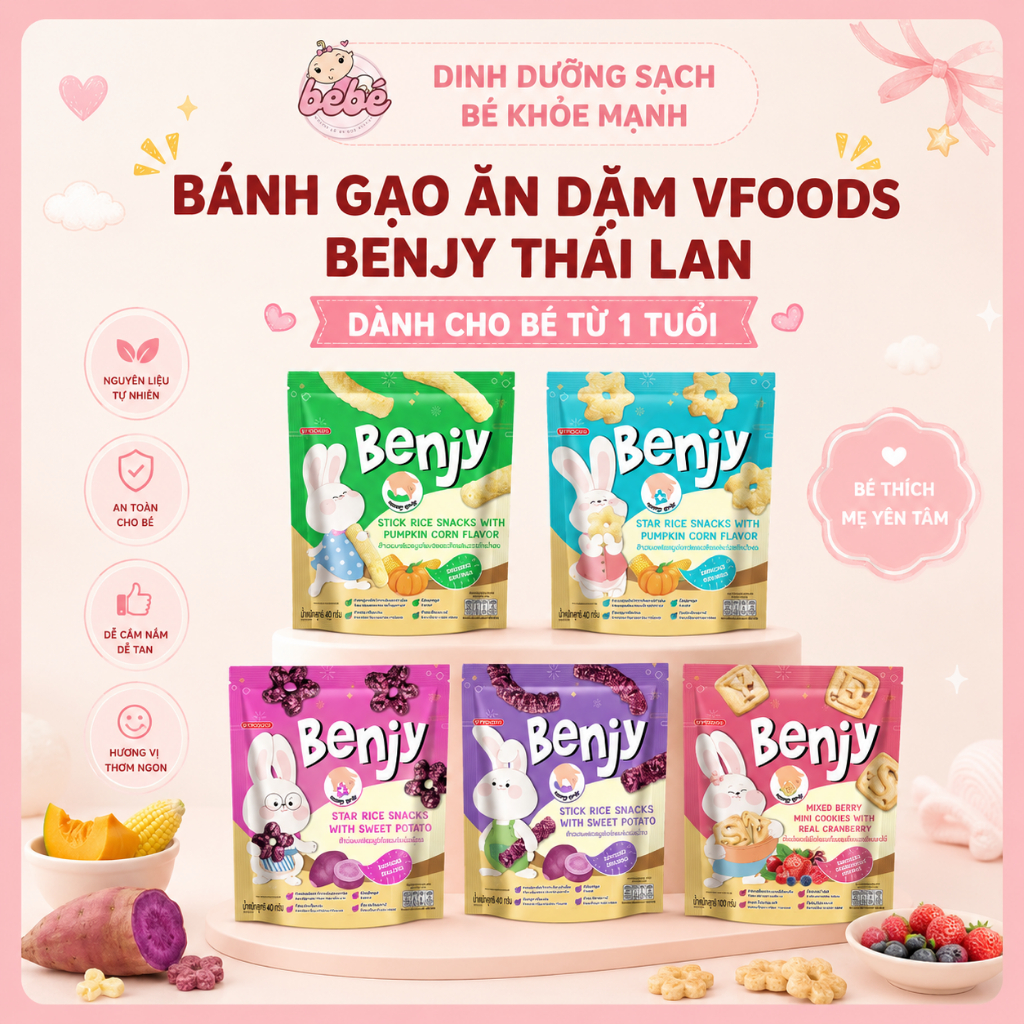 Bánh gạo ăn dặm Snack Benjy hình sao, hình que cho bé 40g, 100g đủ vị - Túi