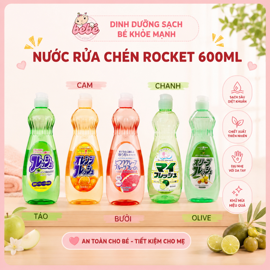 Nước rửa chén bát đồ dùng ăn dặm cho bé Rocket. Nước rửa chén dịu nhẹ an toàn với da tay chai 600ml