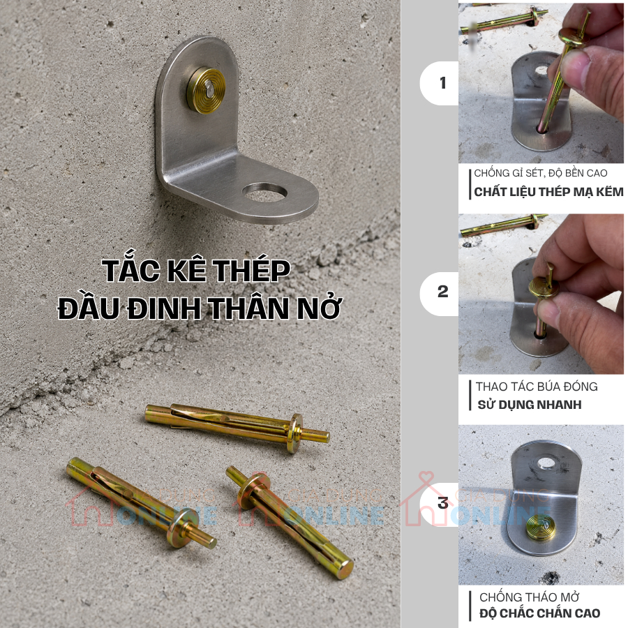 Tắc kê thép chân nở đầu đinh dùng búa đóng cho lỗ khoan tường bê tông treo đồ vật