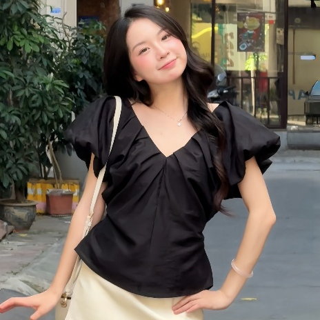 Áo Babydoll Kiểu Nữ Tay Phồng Cổ V Phối Vạt Xếp Li Dây Lưng Đi Biển Mùa Hè Kimee- KA871