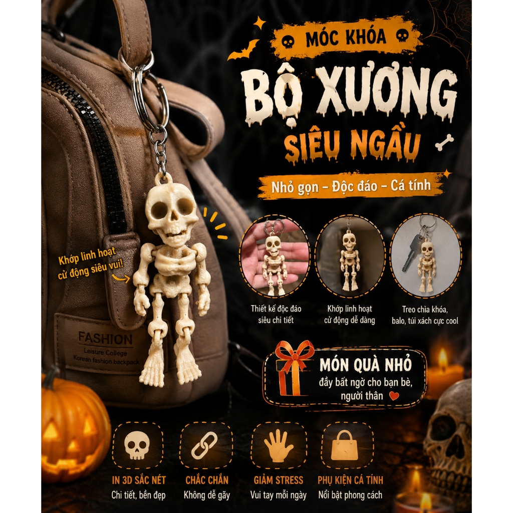 Móc Khóa Bộ Xương Mini In 3D Siêu Ngầu – Skeleton Keychain Cử Động Linh Hoạt – Treo Túi,Balo Cá Tính