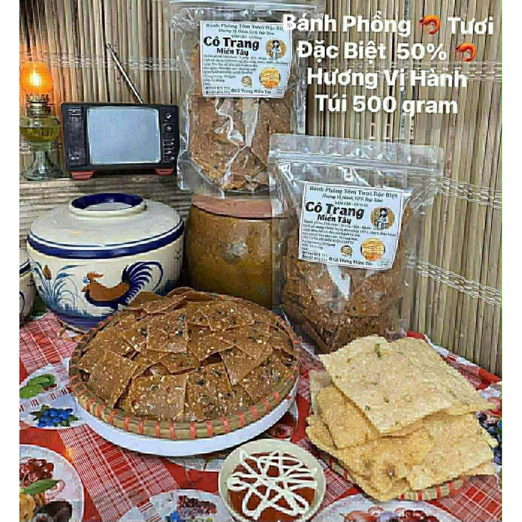 Bánh Phồng Tôm Tươi Đặc Biệt Hương Vị Hành 50% Thịt Tôm Cô Trang Miền Tây Năm Căn Cà Mau Túi 500gram Mua 2 Túi Sẽ Có Quà