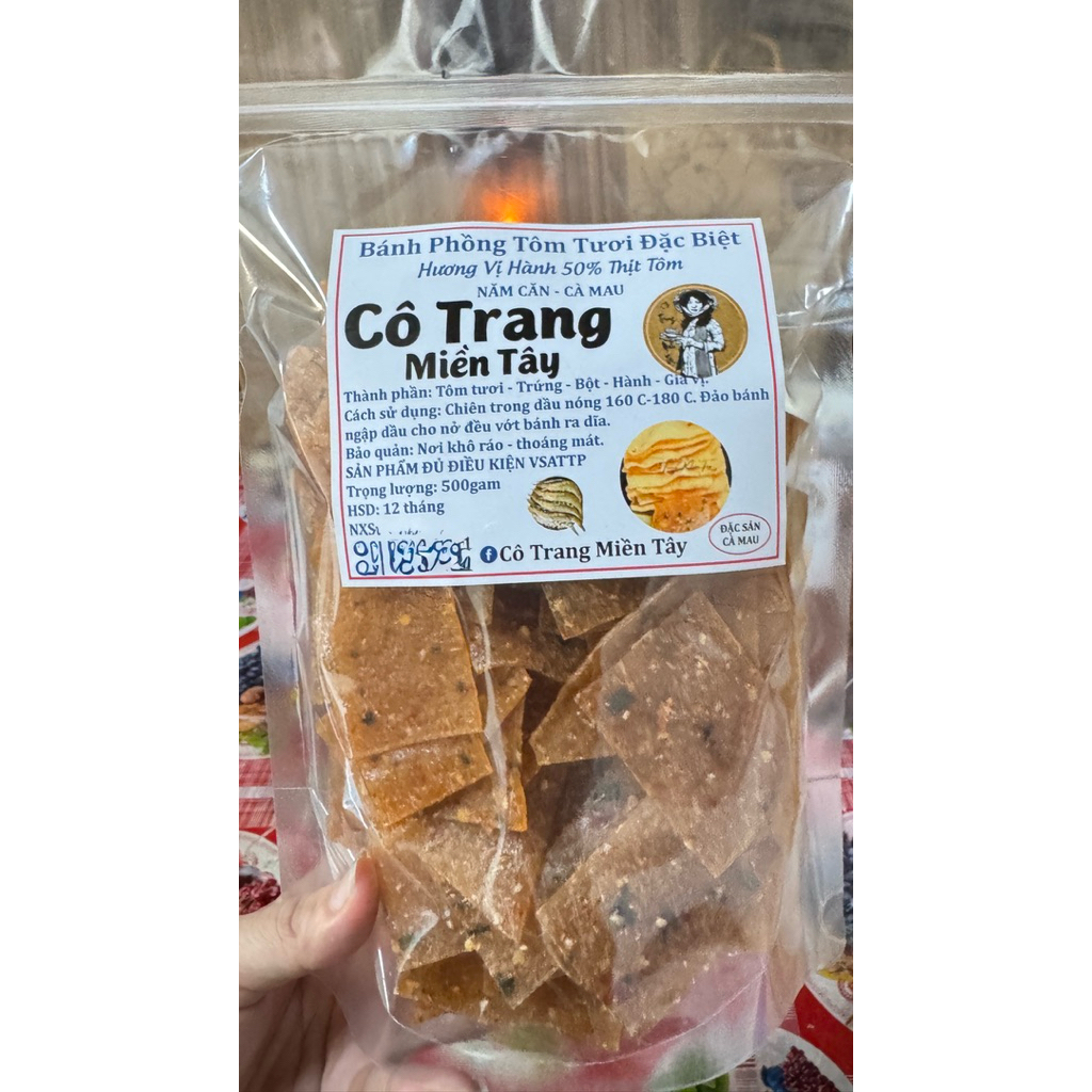 Bánh Phồng Tôm Tươi Đặc Biệt Hương Vị Hành 50% Thịt Tôm Cô Trang Miền Tây Năm Căn Cà Mau Túi 500gram Mua 2 Túi Sẽ Có Quà