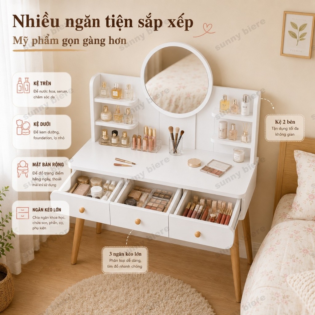 Bàn trang điểm LED phong cách bắc âu Gương cảm ứng Nhiều ngăn Dễ lắp ráp Giao nhanh 𝙎𝙐𝙉𝙉𝙔 𝘽𝙄𝙀𝙍𝙀