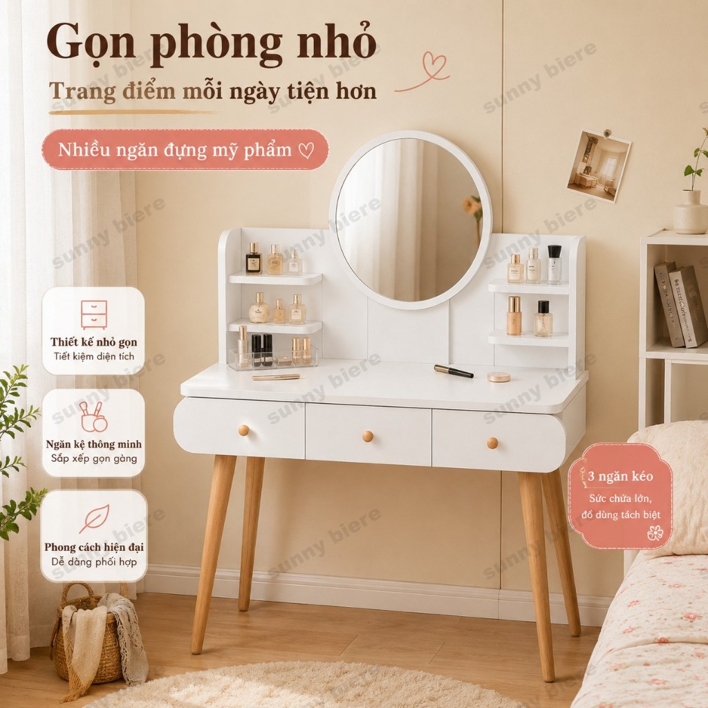 Bàn trang điểm LED phong cách bắc âu Gương cảm ứng Nhiều ngăn Dễ lắp ráp Giao nhanh 𝙎𝙐𝙉𝙉𝙔 𝘽𝙄𝙀𝙍𝙀