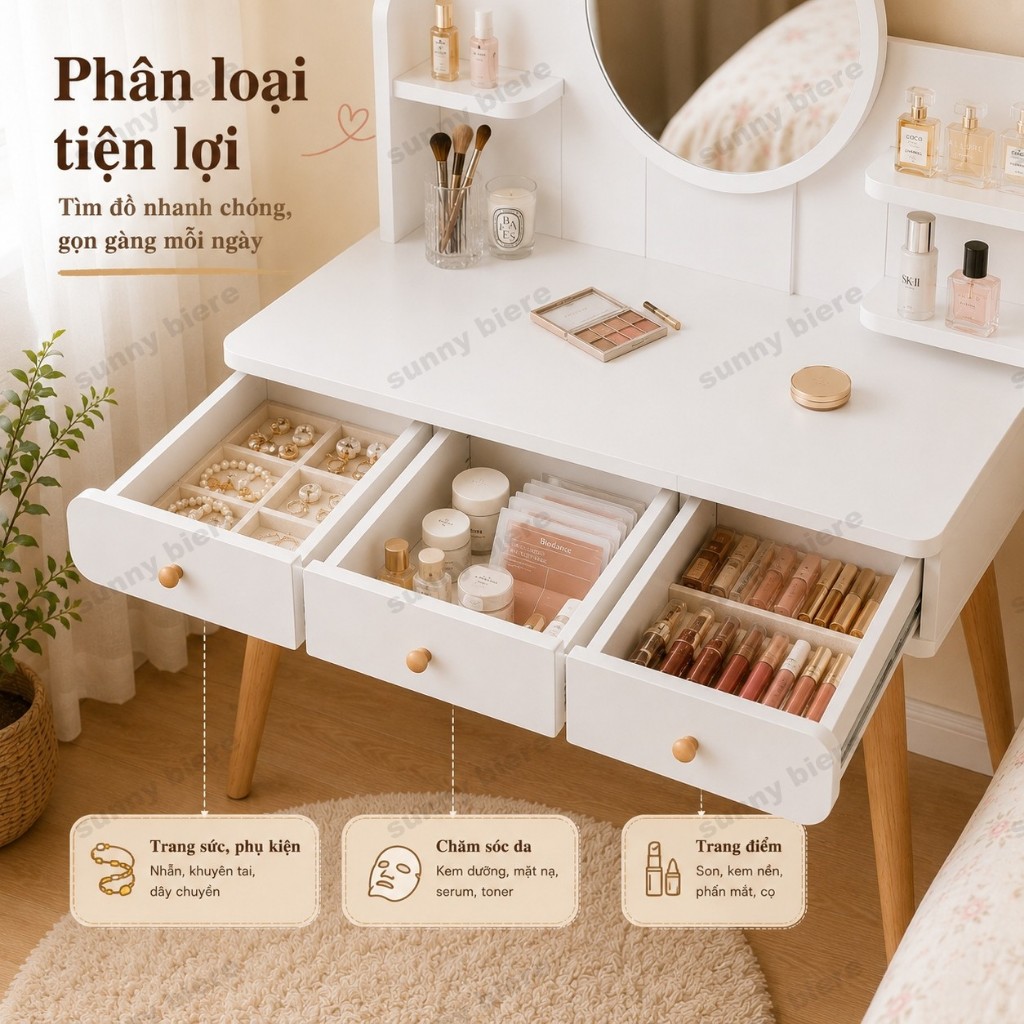 Bàn trang điểm LED phong cách bắc âu Gương cảm ứng Nhiều ngăn Dễ lắp ráp Giao nhanh 𝙎𝙐𝙉𝙉𝙔 𝘽𝙄𝙀𝙍𝙀
