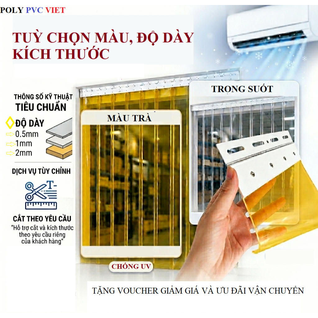 [Tặng phụ kiện] Rèm 1m7 - 3m4 Nhựa Ngăn Lạnh dày 1mm trong suốt và màu trà - Có Cắt Theo Yêu Cầu