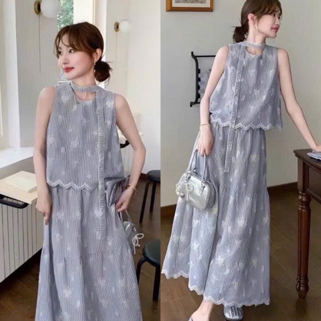 L5555- Sét bộ nữ áo sát nách in hoa dập nổi kèm chân váy có bó chun ( tặng kèm dây kiểu) 38-56kg.
