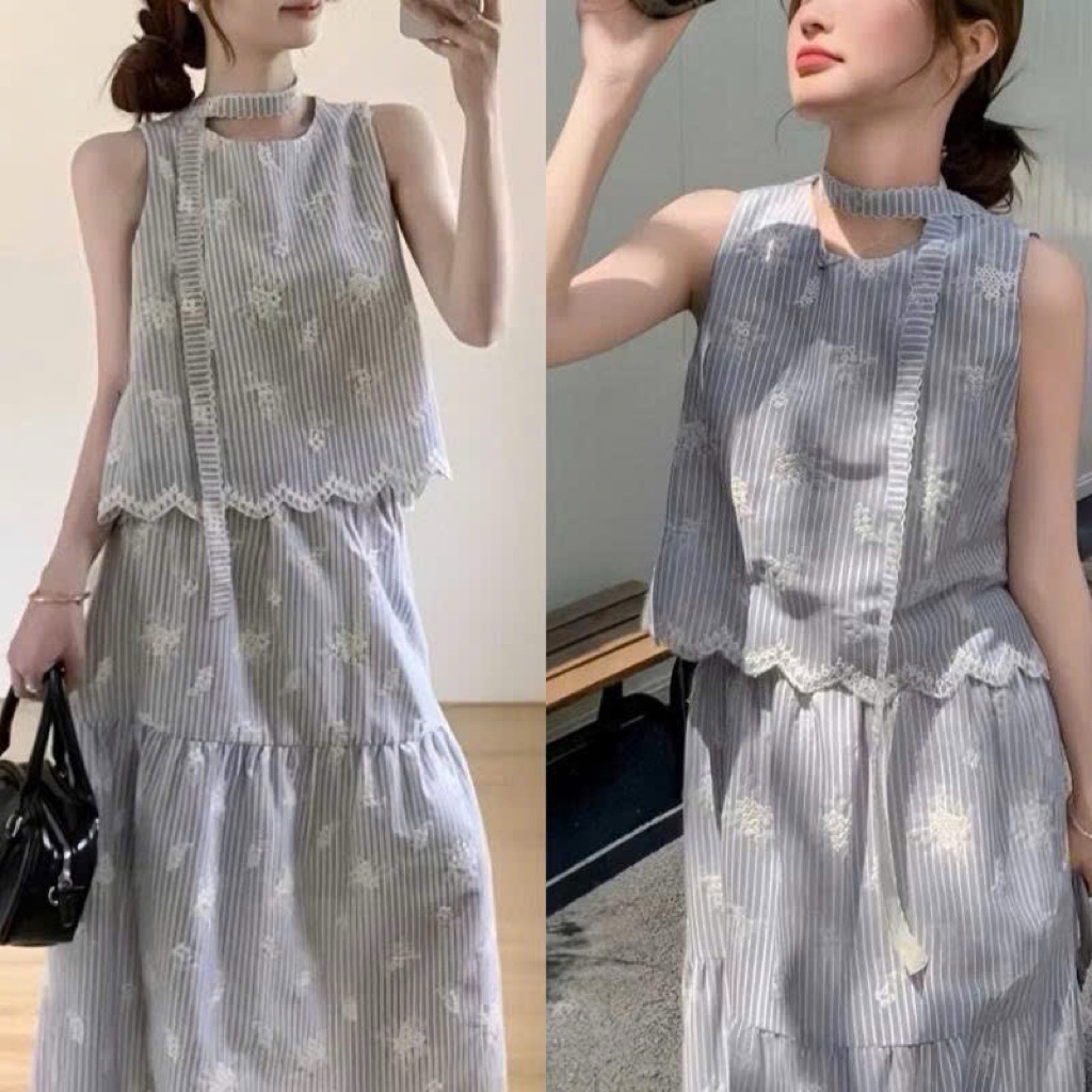 L5555- Sét bộ nữ áo sát nách in hoa dập nổi kèm chân váy có bó chun ( tặng kèm dây kiểu) 38-56kg.