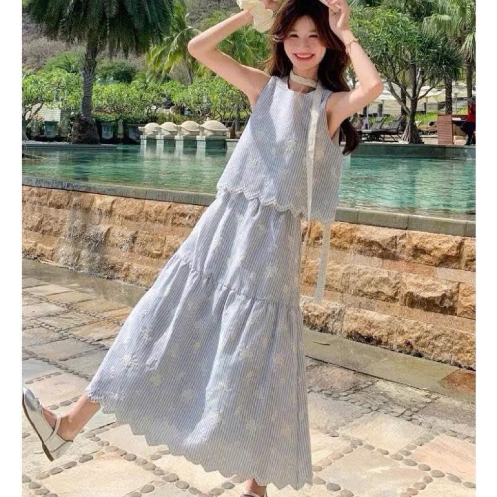 L5555- Sét bộ nữ áo sát nách in hoa dập nổi kèm chân váy có bó chun ( tặng kèm dây kiểu) 38-56kg.