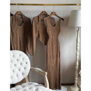 Set Váy Len Body Maxi Cổ V Mix Khăn Chuẩn Linh Hoàng