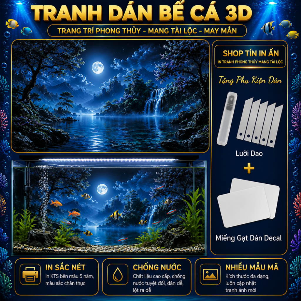 Decal tranh dán hồ cá 3D Kho In Ấn HC54 chống nước, In KTS dán dễ, gỡ dễ, có keo sẵn, nhiều kích cỡ