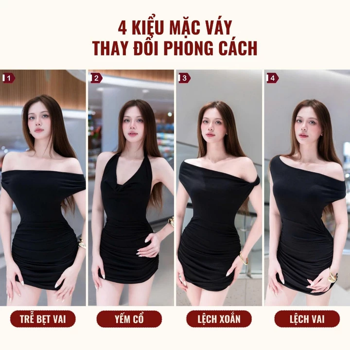( Mua 2 hời hơn ) Váy Yếm Nhún Ôm Body Cổ Đổ Tôn Dáng Chất Cotton Mềm Mịn, váy đi dự tiệc đám cưới,đầm dự tiệc -100